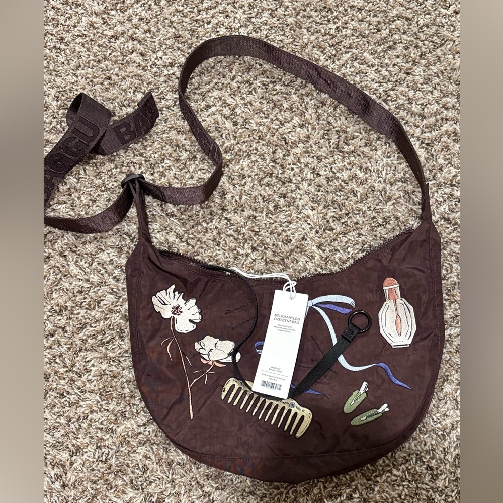 Baggu medium crescent - embroidered get ready with me, chocolate plum